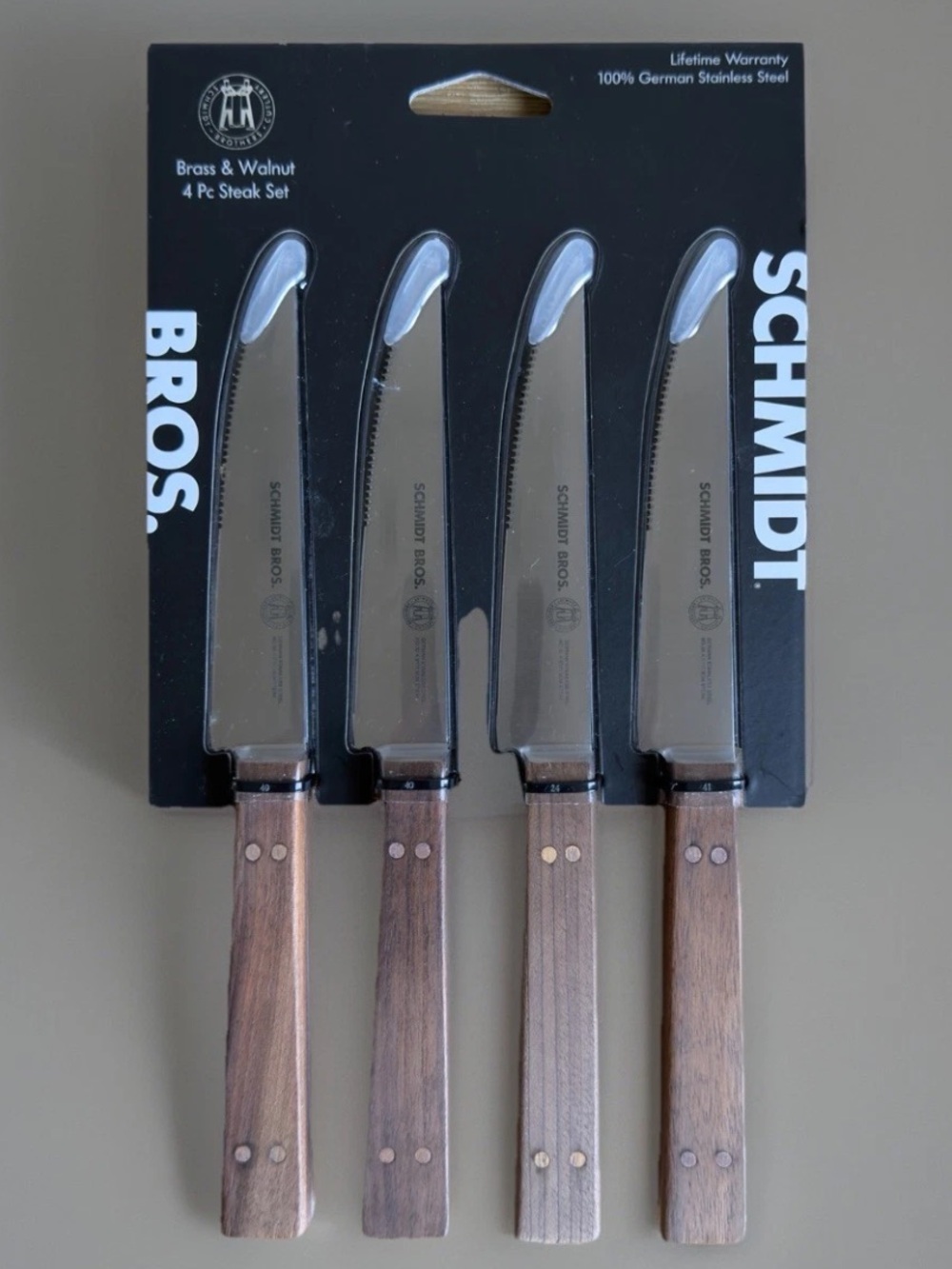 Schmidt Brothers German Stainless Steel Steak Knives 4 Piece Set Walnut Brass